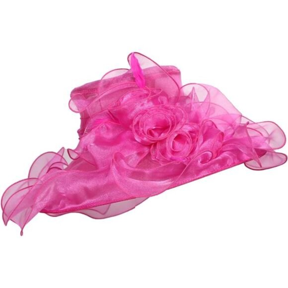 Women Sun Hat Church Wide Brim Hot Pink - Picture 2 of 7